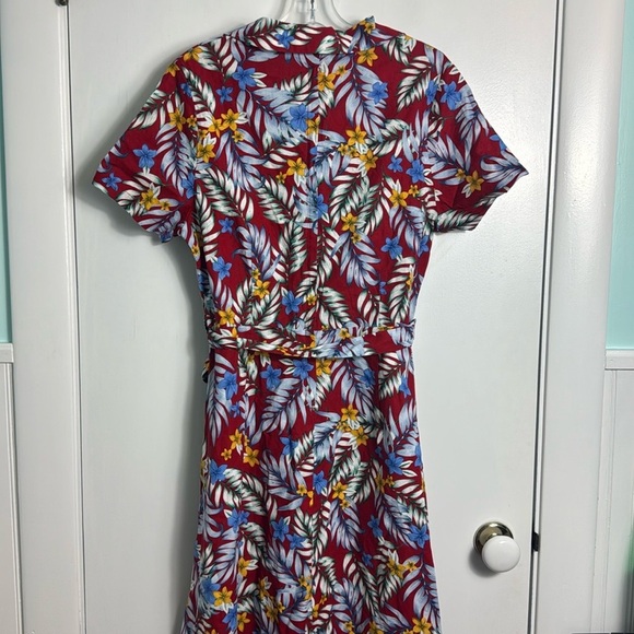 Royal Monk Red Tropical Print Floral Tie Front V Neck Midi Dress Size Large - Picture 6 of 13
